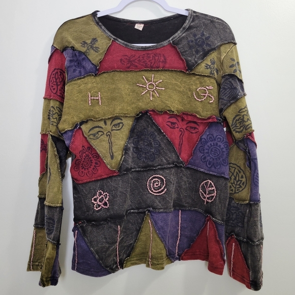 VTG‎ Bohemian Washed Patchwork Top XL - Picture 1 of 9